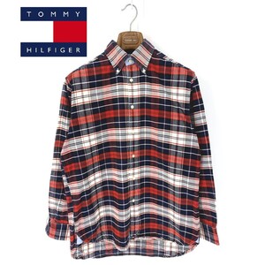 A6315/ビンテージ 90s 美品 春夏 TOMMY HILFIGER トミーフィルフィガー コットン コーデュロイ チェック 長袖 ワーク シャツ S 赤/メンズ