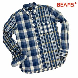 美品 BEAMS＋ ビームスプラス マルチチェック柄切替 長袖シャツ ワークシャツ サイズM ネイビー ホワイト 美シルエット 日本製 人気 A2594