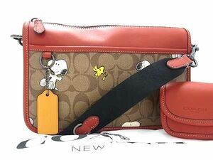 1円 ■極美品■ COACH コーチ CE709 シグネチャー ピーナッツ スヌーピーコラボ PVC×レザー ショルダーバッグ ブラウン系 FC9875