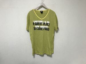 新品同様本物ディーゼルDIESEL 55DSLコットンプリントVネックデカビッグ半袖TシャツメンズサーフアメカジミリタリーワークイエローXL