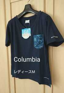 タグ付 Columbia レディースM コロンビア ポケット付 Vネック 半袖 トレッキング Tシャツ ストレッチUVカット ネイビー 未使用 新品