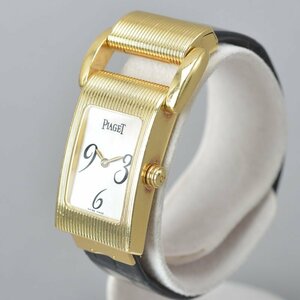 美品 PIAGET ピアジェ ミスプロトコール 腕時計 稼働品 YG 750 5321 純正革ベルト 2本 シェル文字盤 ゴールド 白 黒 クロコ Mbb.k/bi