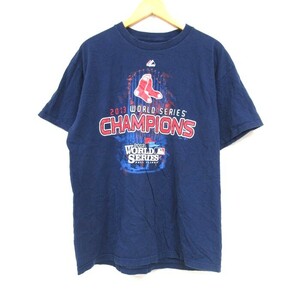 L/古着 マジェスティック 半袖 Tシャツ メンズ MLB ボストンレッドソックス クルーネック 紺 ネイビー メジャーリーグ ベースボール 野