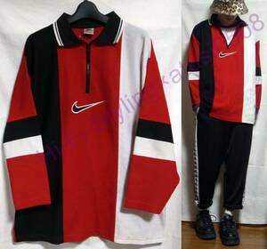 90s ナイキ ヴィンテージ ビッグスウッシュ プルオーバー カットソー ジャージ スウッシュ 赤 黒 白 Nike Big Swoosh vintage pull over