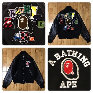 ★NFS限定★ 袖レザー スタジャン Mサイズ BAPE LOGO Varsity Jacket a bathing ape エイプ ベイプ アベイシングエイプ MILO NIGO z266