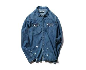 sophnet ソフネット 13SS DENIM WESTERN SHIRT (HARD DAMAGED) ダメージ加工 スタッズ デニム シャツ 青 インディゴ indigo M