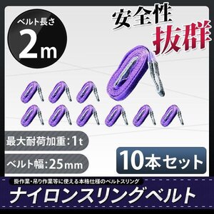 荷重1000kg玉掛け 吊りベルト 吊上げ ロープ 牽引 ナイロンスリングベルト（紫色）１Ｔ 2Ｍスリング30MM 　10本セット