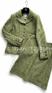 シャネル スーツ CHANEL ヴィンテージ オリーブ 美しい若草色 グリーン ウール シルク ツイード ジャケット スカート スーツ 美品 36