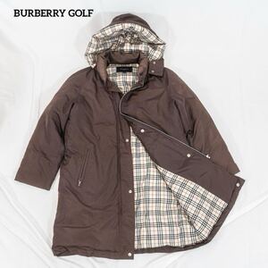 1円〜☆美品☆BURBERRY GOLF バーバリーゴルフ　ダウンジャケット　コート　フード付き　ノバチェック　レディース　ブラウン