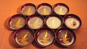 輪島塗　漆器　金蒔絵　蒔絵　華の図　菓子皿　豆皿　蔵出し　１０客
