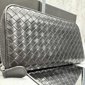 美品●BOTTEGAVENETA ボッテガヴェネタ 長財布 ラウンドファスナー ブラウン イントレチャート メンズ ジップ レザー 本革 ビジネス