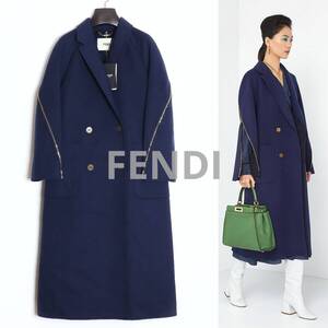 FENDI 新品 20AW 国内正規品 ジップ装飾チェスターコート 40 シルク混ウールメルトン ズッカ柄 ダブルフェイス ダブルブレスト ネイビー