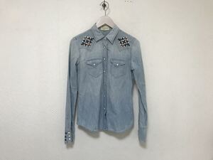 本物デニムアンドサプライDENIM&SUPPLYラルフローレンウエスタンビーズ柄デニム長袖シャツビジネススーツレディースSインド製青ブルー