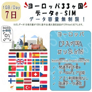 ヨーロッパ33ヶ国/地域 eSIM プリペイドeSIM eSIMカード 1日1GB利用 7日間 SIM 4G LTE 高速データ通信 4G LTE データ専用 出張 旅行