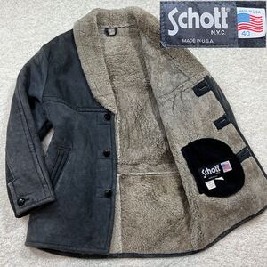 【希少】 XL Schott ショット リアル ムートン コート ジャケット ヴィンテージ くるみ釦 ボア 本革 羊革 ラム アメリカ製 ブルーグレー 40