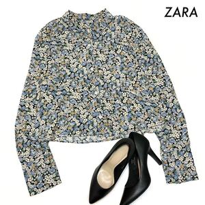 【送料無料】ZARA ザラ★花柄 長袖ブラウス ショート丈 未使用タグ付き ブルー 青