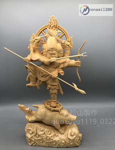 最新作 総檜材 木彫仏像 仏教美術 精密細工 摩利支天立像 高さ28cm