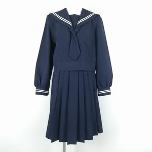 1円 セーラー服 スカート ネクタイ 上下3点セット 冬物 白2本線 女子 学生服 中学 高校 紺 制服 中古 ランクC NA7125