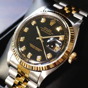 デッドS級極美品!■ROLEX デイトジャスト■10Pダイヤ ブラック文字盤■R1601★OH済!