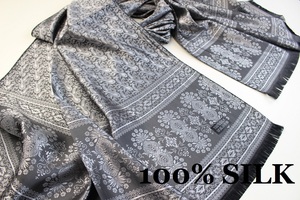 新品【SILK シルク100%】幾何学柄 ペイズリー 大判 ストール/スカーフ ブラック系 シルバー