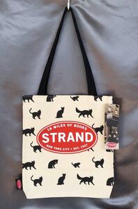 ★新品タグ付 Strand books キャンバス トートバッグ ねこ 総柄 イラスト 猫 ロゴプリント USA ニューヨーク 生成り ブラック 赤 P441