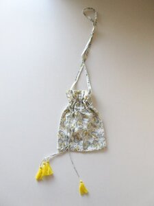 BUNON / ブノン シルク 花柄プリント+刺繍 巾着バッグ YELLOW×SAX / シルクトートバッグ