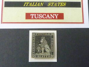 24　M　№18　イタリア切手 TUSCANY　1851-52年　SC#1　1q　透かし有　未使用OH　【近年版SC評価 $15,000】　※説明欄必読