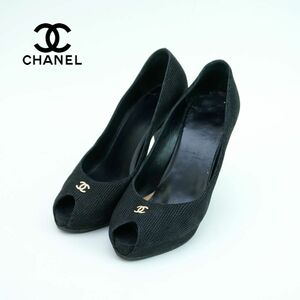 CHANEL シャネル 35 22.0 パンプス イタリア製 ヒール オープントゥ ゴールド金具 ココマーク レザー 黒 ブラック/NC77