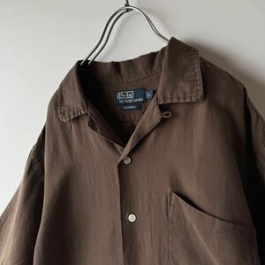 【1円スタート】POLO ポロ ラルフローレン 半袖シャツ L CALDWELL ブラウン 茶色 リネン シルク オープンカラー ビンテージ アロハ 