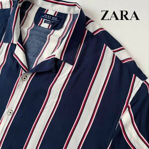 (美品) ザラ マン ZARA MAN オープンカラー レーヨン 半袖シャツ XL ネイビー ホワイト レッド ストライプ シャツ レーヨン100%