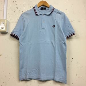 FRED PERRY フレッドペリー イングランド製 鹿の子 ライン 半袖 ポロシャツ 水色 36 