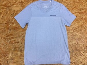 ゲス GUESS Vネック 切替 半袖 Tシャツ カットソー メンズ コットン50% ポリエステル50% 薄手 XS 青 胸刺繍ロゴ