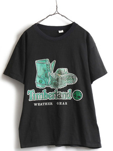 90s USA製 人気 黒 ■ Timberland ティンバーランド イエロー ブーツ プリント 半袖 Tシャツ ( メンズ L ) 古着 プリントT ブラック 90年代