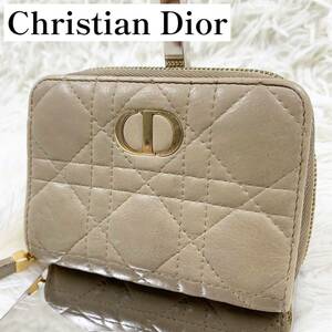 【極美品】ChristianDior クリスチャンディオール バイフォールドウォレット カロ CDロゴ ミニジップウォレット 二つ折り財布 ベージュ