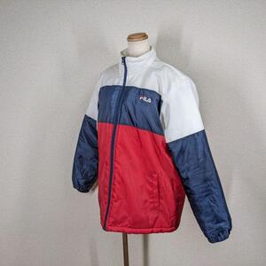 【FILA】ブルゾン　中綿　ゴルフウェア　　LL　白　トリコロールカラー　アウター　フィラ　ゴルフ　スポーツ　ジャンバー　大きいサイズ　