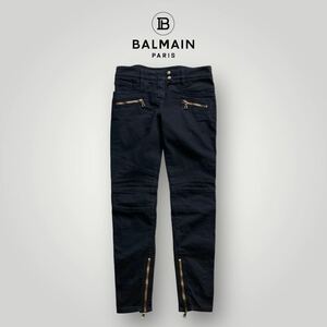 [良品] BALMAIN バルマン スキニー バイカーデニム 38 サイドジップ イタリア製 ブラックジーンズ