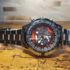 ‪✿ T108 新品 彫スケルトンUnraion 腕時計メンズ ステンレス 赤