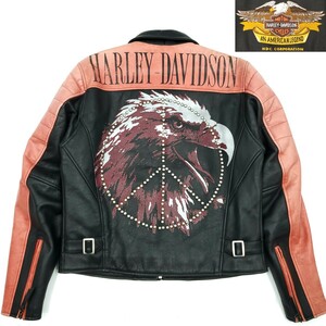 スタッズカスタム◆HARLEY-DAVIDSON◆レザーライダースジャケット黒赤メンズMハーレーダビッドソン本皮シングルライディング本革ジャン 766