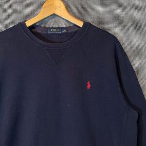 POLO RALPH LAUREN 前V ネイビー スウェット ラルフローレン　ポロ トレーナー サイド切替 刺繍 ワンポイント レーヨン混 上質素材 玉10802