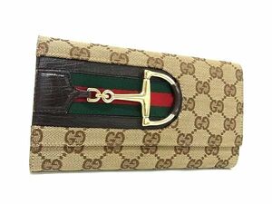 1円 ■美品■ GUCCI グッチ 138032 ホースビット シェリーライン GGキャンバス×レザー 三つ折り 長財布 ウォレット ブラウン系 FB9036