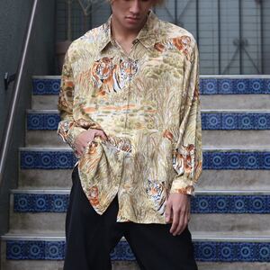 USA VINTAGE C.B Studio BY Corey B TIGER PATTERNED SILK100% DESIGN OVER SHIRT/アメリカ古着トラ柄シルク100%オーバーシャツ