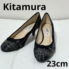 【新品】キタムラ パンプス ツイード リボン ブルー ネイビー　ローヒール