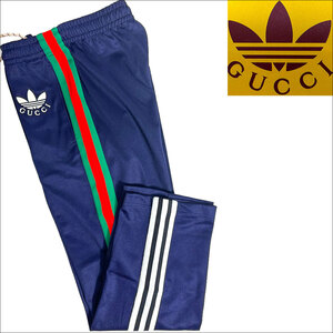 J7019 新品 グッチ×アディダス トレフォイル サイドライン シェリーライン トラックパンツ ネイビー S(M～L相当) ADIDAS X GUCCI