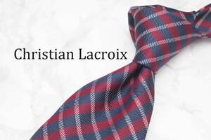 【美品】Christian Lacroix クリスチャンラクロア A-296 チェック ネイビー ワイン ブランド ネクタイ 良品 古着 卸 USED オールド SILK