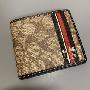 1円〜　COACH　コーチ　財布　シグネチャー　ライン　茶　2つ折り　C3271