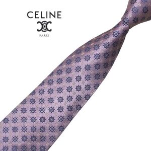 ★ロゴ&舵柄★高級ネクタイ★CELINE パープル系 パターン柄 セリーヌ イタリア製 シルク USED プレス済み t1108