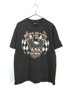 古着 90s USA製 HARLEY DAVIDSON バー&シールド チェッカー フラッグ イーグル グラフィック Tシャツ L 古着