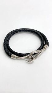 I♪ エルメス HERMES ブレスレット ジャンボ レザー 黒×シルバー 編み込み 2連 アクセサリー（腕）