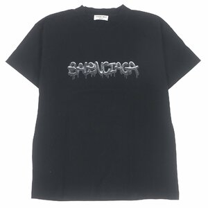 美品 BALENCIAGA バレンシアガ 22SS 612965 コットン スライムロゴプリント クルーネック カットソー 半袖Ｔシャツ ブラック S 正規品