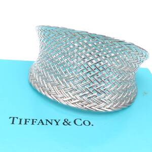 極希少 美品 Tiffany&Co. ヴィンテージ ティファニー メッシュ シルバー ブレスレット SV925 編み込み カフ バングル YO119